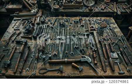 An assortment of vintage hand tools laid out on a worn wooden workbench, showcasing antique craftsmanship and rustic charm in an old workshop setting 120374861