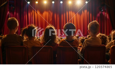 A group of children seated in a theater, illuminated by stage lights and captivated by the performance, symbolizing imagination, creativity, and the joy of live entertainment A group of children seated in a theater, illuminated by stage lights and captivated by the performance, symbolizing imagination, creativity, and the joy of live entertainment 120374865