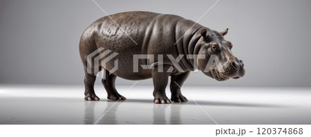 A majestic hippopotamus standing in a minimalistic white studio, showcasing its natural form, textured skin, and powerful presence in an artistic and clean setting 120374868