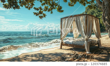 Luxurious canopy bed on a secluded beach, draped in white curtains, with waves gently washing ashore, creating a tranquil paradise escape 120374885