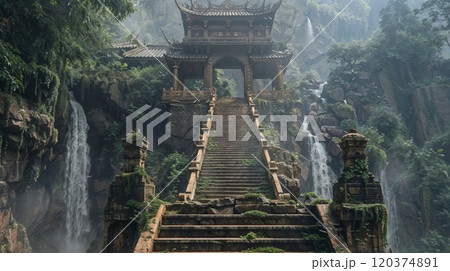 Ancient temple staircase leading to a mystical sanctuary amidst lush greenery and cascading waterfalls, creating a serene and spiritual atmosphere 120374891