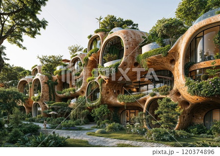 Stunning eco-friendly architecture blending futuristic wooden design with lush greenery, featuring curved shapes and integrated plants for a modern, sustainable living concept 120374896