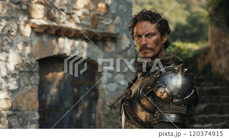 Medieval warrior in ornate black armor stands before ancient stone castle wall. Intense gaze and weathered expression convey strength and determination in this historical drama scene Medieval warrior in ornate black armor stands before ancient stone castle wall. Intense gaze and weathered expression convey strength and determination in this historical drama scene 120374915