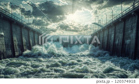 A massive body of water is currently flowing out from a dam structure 120374918