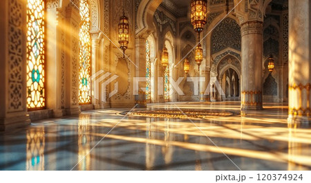 A grand mosque interior bathed in golden sunlight with ornate arches, intricate patterns, and majestic hanging lanterns. A breathtaking celebration of Islamic artistry 120374924
