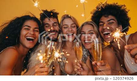 A joyful group of friends celebrating with sparklers and champagne against a vibrant yellow backdrop. A lively scene radiating fun, laughter, and festive cheer 120374926