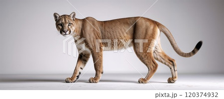 A sleek, alert puma with a tan coat and black-tipped tail stands against a plain, light background, showcasing its muscular build and intense gaze 120374932
