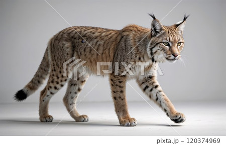 A majestic lynx prowls gracefully, showing off its spotted fur, tufted ears, and intense gaze. The lynx's sleek, muscular body and alert stance highlight its elegance and predatory nature A majestic lynx prowls gracefully, showing off its spotted fur, tufted ears, and intense gaze. The lynx's sleek, muscular body and alert stance highlight its elegance and predatory nature 120374969