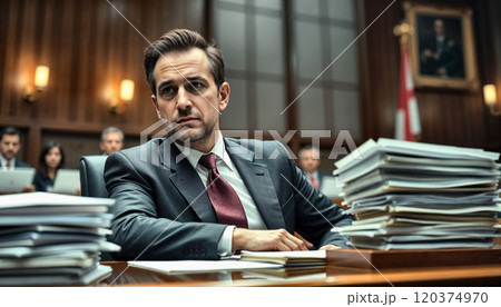 Professional in a dark suit and red tie sits at a desk piled with documents in what appears to be a courtroom or government hearing room, with wood-paneled walls and warm lighting Professional in a dark suit and red tie sits at a desk piled with documents in what appears to be a courtroom or government hearing room, with wood-paneled walls and warm lighting 120374970