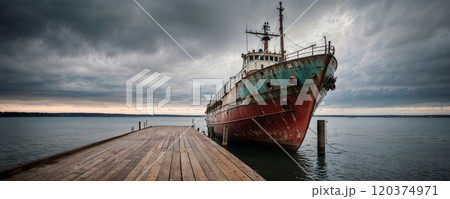 An old weathered fishing vessel with turquoise and red hull moored at a wooden pier under dramatic stormy skies, creating a moody panoramic seascape 120374971