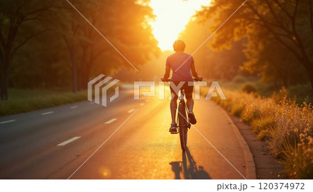 A cyclist rides down a sunlit road surrounded by trees and greenery, basking in the warm glow of the setting sun. The scene radiates serenity, freedom, and the beauty of nature 120374972