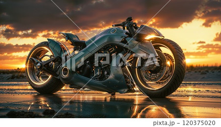 A sleek, futuristic motorcycle parked on a reflective surface, glowing under a vibrant sunset sky, capturing the essence of speed, innovation, and design with intense orange and golden tones A sleek, futuristic motorcycle parked on a reflective surface, glowing under a vibrant sunset sky, capturing the essence of speed, innovation, and design with intense orange and golden tones 120375020