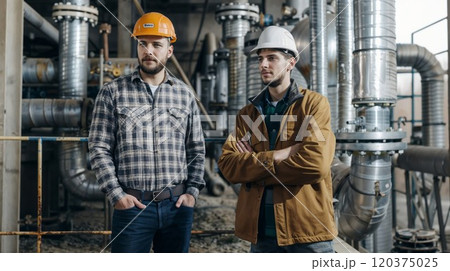 Two men in hard hats are standing together in a factory 120375025