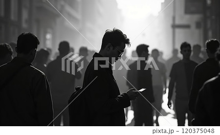 A black-and-white scene of a young man looking at his phone amidst a busy, blurred crowd, capturing a sense of isolation and introspection within urban life 120375048