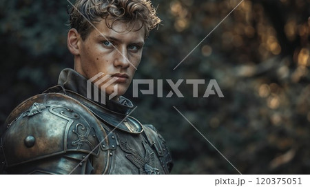 A young knight in detailed, worn armor with a serious expression, standing in a natural setting, capturing a sense of determination, strength, and historical authenticity 120375051