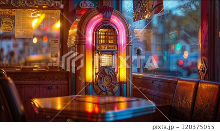 A vintage jukebox in a cozy, dimly-lit diner booth with wooden interiors, neon glow, and nostalgic atmosphere, capturing the warmth and charm of classic Americana A vintage jukebox in a cozy, dimly-lit diner booth with wooden interiors, neon glow, and nostalgic atmosphere, capturing the warmth and charm of classic Americana 120375055