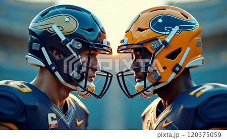 Two football players are standing face to face, wearing their helmets on Two football players are standing face to face, wearing their helmets on 120375059