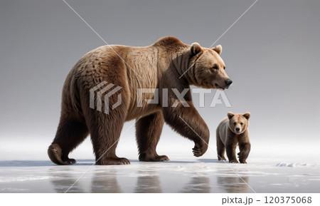 large brown bear walking alongside a smaller bear cub across a smooth, icy surface. The bears are captured mid-stride, with their fur standing out against the neutral background 120375068