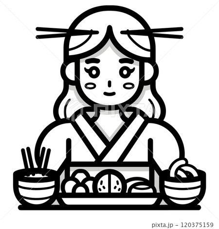 Japanese woman in kimono with chopsticks. Vector illustration Japanese woman in kimono with chopsticks. Vector illustration 120375159