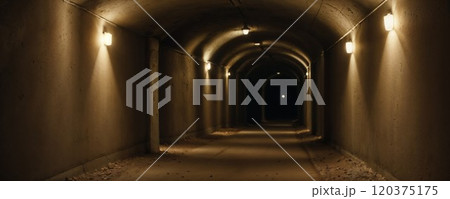 dimly lit, long tunnel with arched ceilings. The walls are lined with soft, warm lights, creating a moody atmosphere. The tunnel floor is strewn with small rocks, and the end of the tunnel is dark 120375175