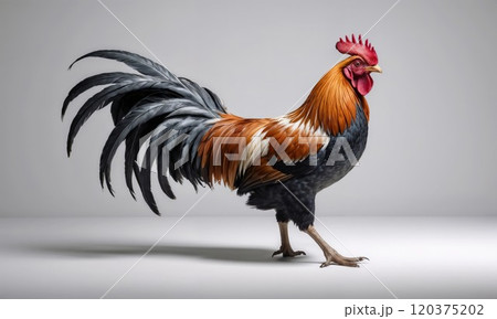 A proud rooster with vibrant orange, black, and white feathers stands against a minimalist background, showcasing its striking plumage and elegant posture 120375202