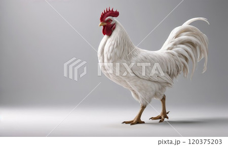 A majestic white rooster with a bright red comb and wattles stands proudly against a neutral gray background, showcasing its pristine feathers and distinctive profile. 120375203