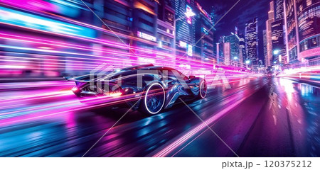 Futuristic sports car racing through a neon-lit cityscape with dramatic light trails in pink and blue, creating a cyberpunk aesthetic with motion blur effects 120375212