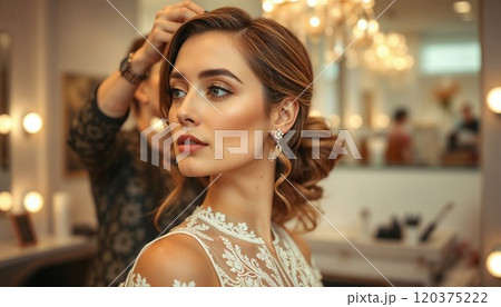 Elegant bride in a white lace dress with intricate embroidery, showcasing professional wedding makeup and hairstyle in a beauty salon with warm lighting Elegant bride in a white lace dress with intricate embroidery, showcasing professional wedding makeup and hairstyle in a beauty salon with warm lighting 120375222
