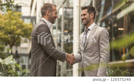 Two businessmen in light gray suits sharing a cheerful handshake outside a modern office building, surrounded by greenery and glass architecture Two businessmen in light gray suits sharing a cheerful handshake outside a modern office building, surrounded by greenery and glass architecture 120375240