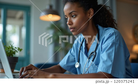 A focused healthcare professional in scrubs works on a laptop in a well-lit, calm environment, symbolizing dedication, professionalism, and care in the medical field 120375241