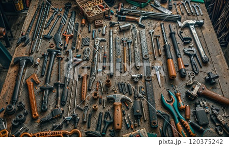 A neatly organized collection of various tools laid out on a workbench, showcasing wrenches, hammers, screwdrivers, and other hand tools, creating an image of precision, craftsmanship, and readiness A neatly organized collection of various tools laid out on a workbench, showcasing wrenches, hammers, screwdrivers, and other hand tools, creating an image of precision, craftsmanship, and readiness 120375242