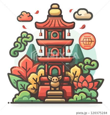 Colorful vector illustration of chinese temple in flat design style. Colorful vector illustration of chinese temple in flat design style. 120375284