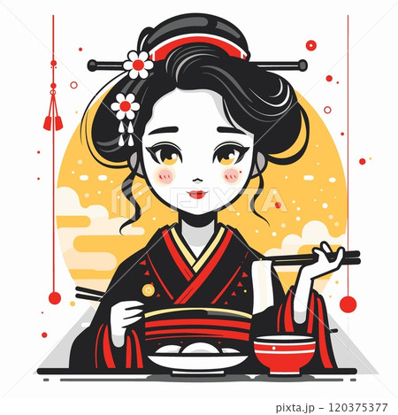 Japanese girl in kimono with chopsticks. Vector illustration. Japanese girl in kimono with chopsticks. Vector illustration. 120375377