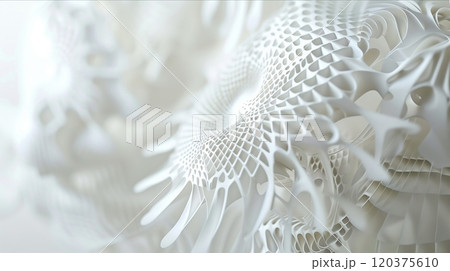 Intricate White 3D Printed Sculpture Showcasing Complex Patterns and Textures Indoors 120375610