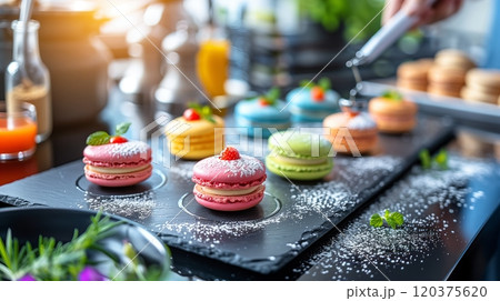 Colorful Macarons Displayed on a Slate Platter in a Bright Kitchen With Natural Light 120375620