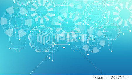 Abstract digital technology background with circuit board texture. Abstract gear wheel mechanism background. Engineering concept for poster, header, banner, website, presentation. 120375799