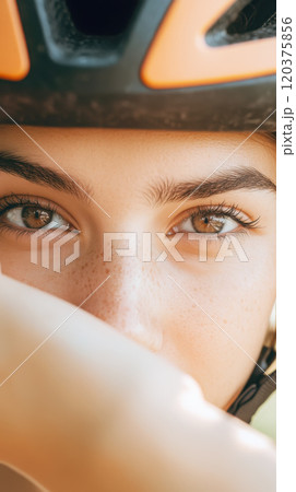 Close-up of cyclist adjusting helmet for safe outdoor adventure Close-up of cyclist adjusting helmet for safe outdoor adventure 120375856
