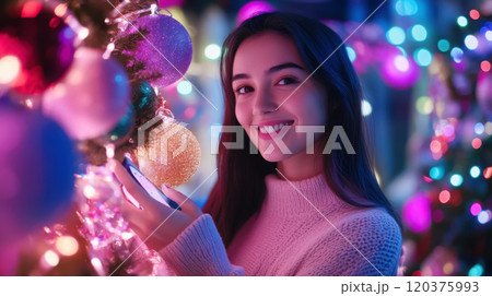 Festive holiday celebration with smart led garland and joyful atmosphere 120375993