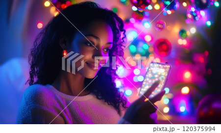 Festive spirit: model interacting with vibrant smart led garland for christmas designs 120375994