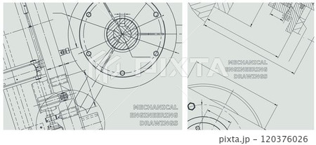 Blueprint illustration set. Engine line drawing Blueprint illustration set. Engine line drawing 120376026