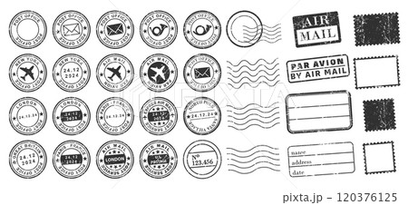 Postal Stamps frames icon shape set. Post Stamp grunge ink rubber labels sign collection.  Black round and square stamp border pack. Vector illustration image. Isolated on white background.	 120376125