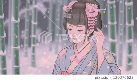 舞妓の静かな冬:京都の竹林の雪景色、イラスト 舞妓の静かな冬:京都の竹林の雪景色、イラスト 120376622