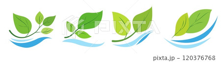 green leaves combined with water wave elements, forming logos or icons. The leaves are vibrant, and the design is simplistic with a white background. Concept of nature, hydroponics, and gardening green leaves combined with water wave elements, forming logos or icons. The leaves are vibrant, and the design is simplistic with a white background. Concept of nature, hydroponics, and gardening 120376768