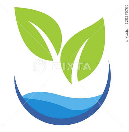 logo shows two bright green leaves growing above a blue water wave on a white background. The concept represents hydroponics, gardening, and eco-friendliness logo shows two bright green leaves growing above a blue water wave on a white background. The concept represents hydroponics, gardening, and eco-friendliness 120376769