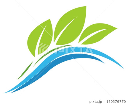 logo featuring green leaves and blue water waves, creating a minimalist, eco-friendly design. The background is white. This concept represents nature, gardening, hydroponics, and sustainability logo featuring green leaves and blue water waves, creating a minimalist, eco-friendly design. The background is white. This concept represents nature, gardening, hydroponics, and sustainability 120376770