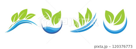Set green leaves water-themed logo icons, depicted with flowing, dynamic lines and abstract shapes. graphic style on a white background. The concept represents hydroponics, gardening, and nature. 120376773