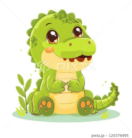 Cute baby crocodile flat cartoon illustration on white background. Alligator clipart 120376995