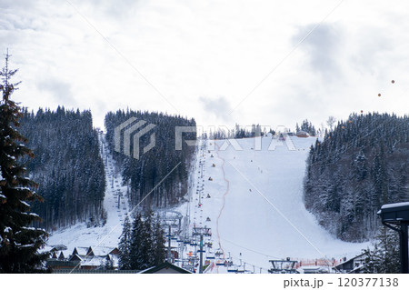 Snowy Ski Slope with Ski Lifts and Trees Snowy Ski Slope with Ski Lifts and Trees 120377138