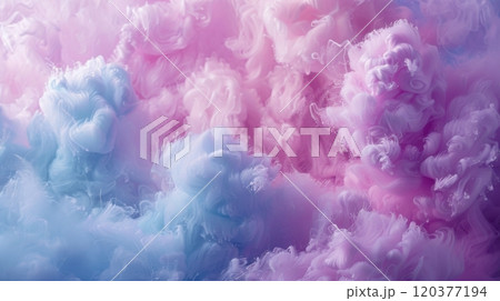 Ethereal swirls of vibrant pink, purple and blue create an abstract, fluid background reminiscent of smoke or silk underwater, blending soft and translucent textures for a dynamic visual effect 120377194