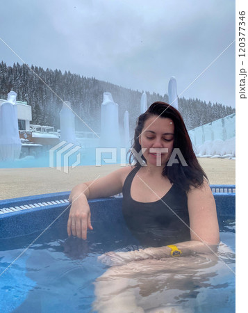 Winter Poolside Relaxation in Snowy Landscape Winter Poolside Relaxation in Snowy Landscape 120377346